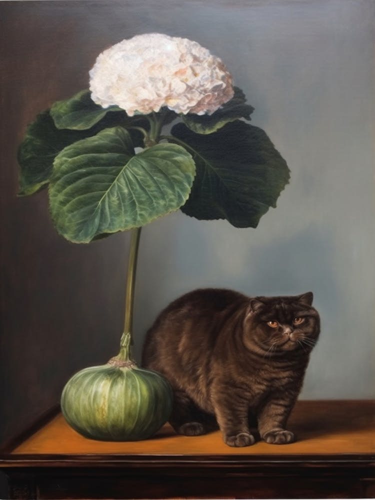 Painting Of A Still Life Of A Hydrangea With A Cat, Realism 3