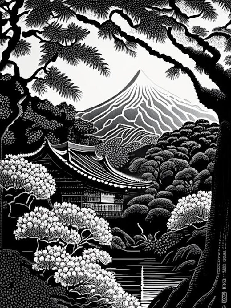 Koraku En, 1, Japan Linolschnitt Schwarz-Weiß Vintage