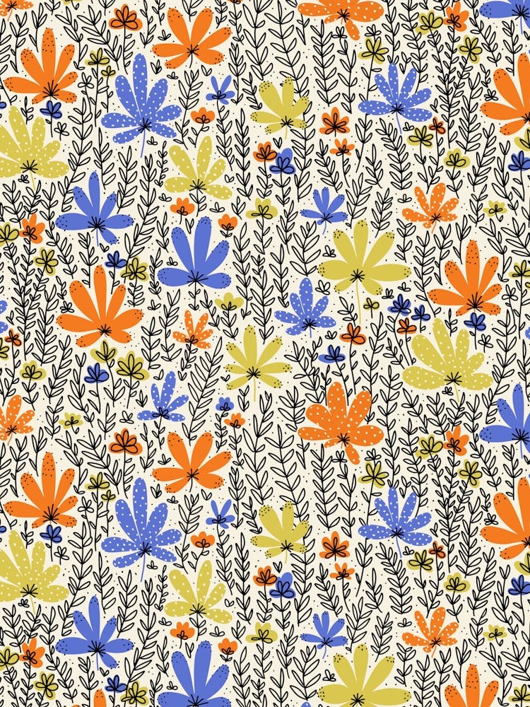 Blooming Flower Field Doodle Line Art Blue, Orange, Yellow on Cream White