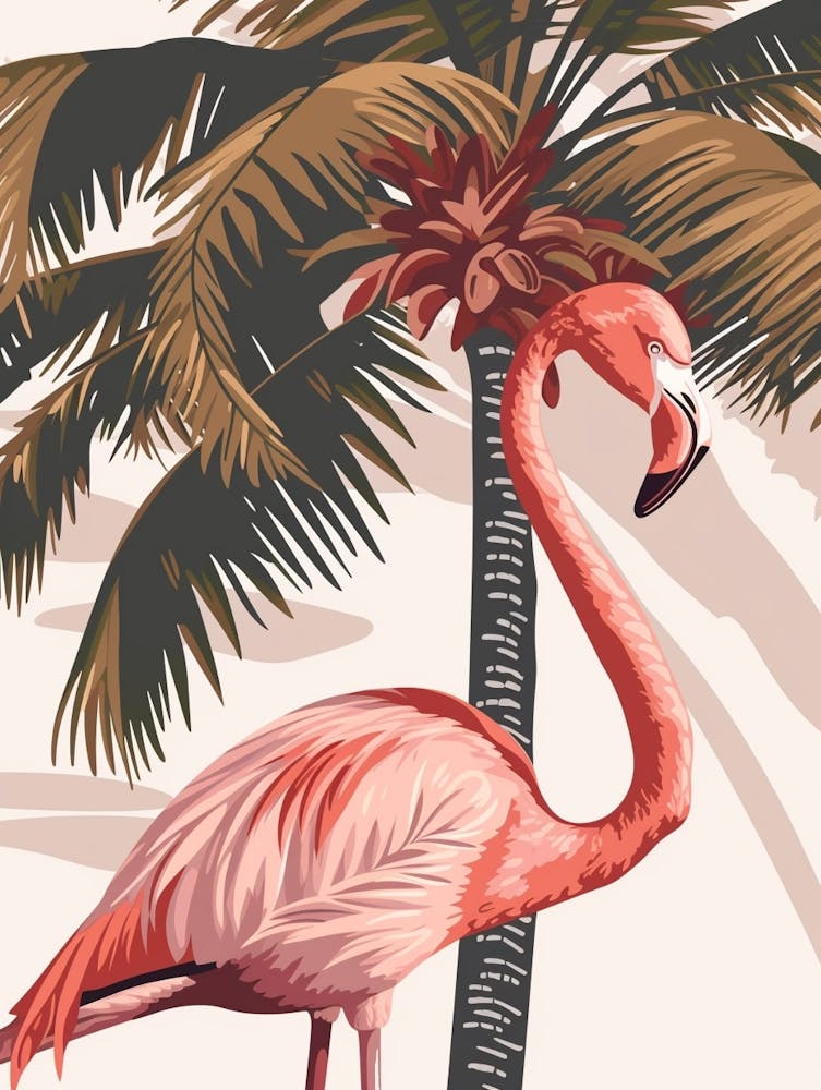 American Flamingo And Coconut Trees Minimalist Illustration 4