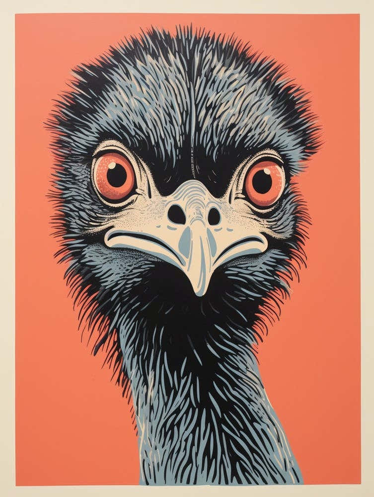 Vintage Bird Linocut Emu