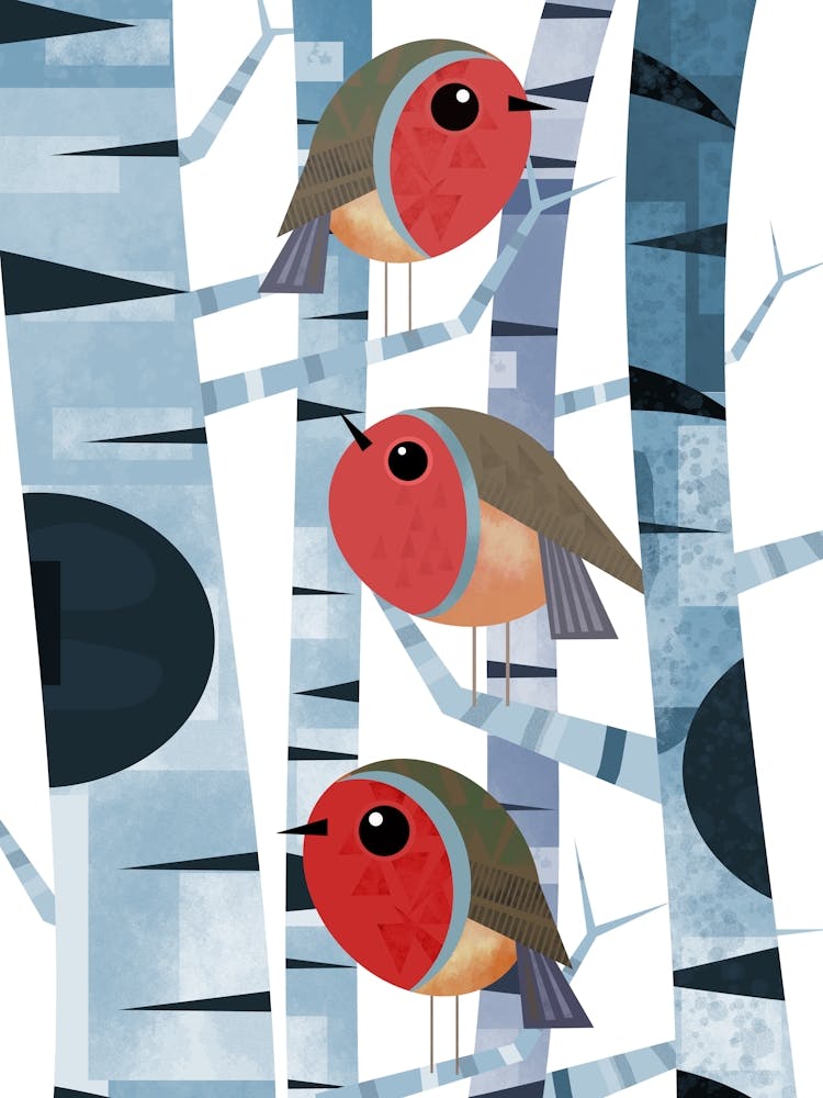 Three Robins Perched on Branches