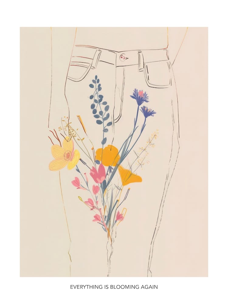 Everything Is Blooming Again Poster Floral Blue Jeans Line Art 8