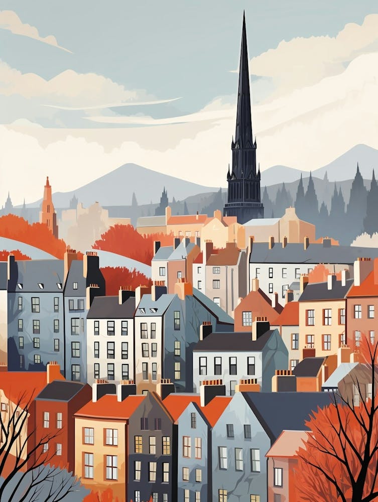 Vintage Winter Travel Illustration Edinburgh Scotland 1