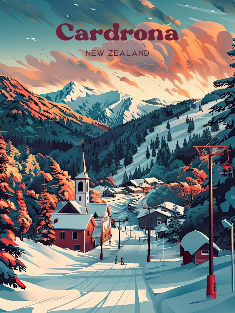 Cardrona New Zealand Ski Resort Travel Art