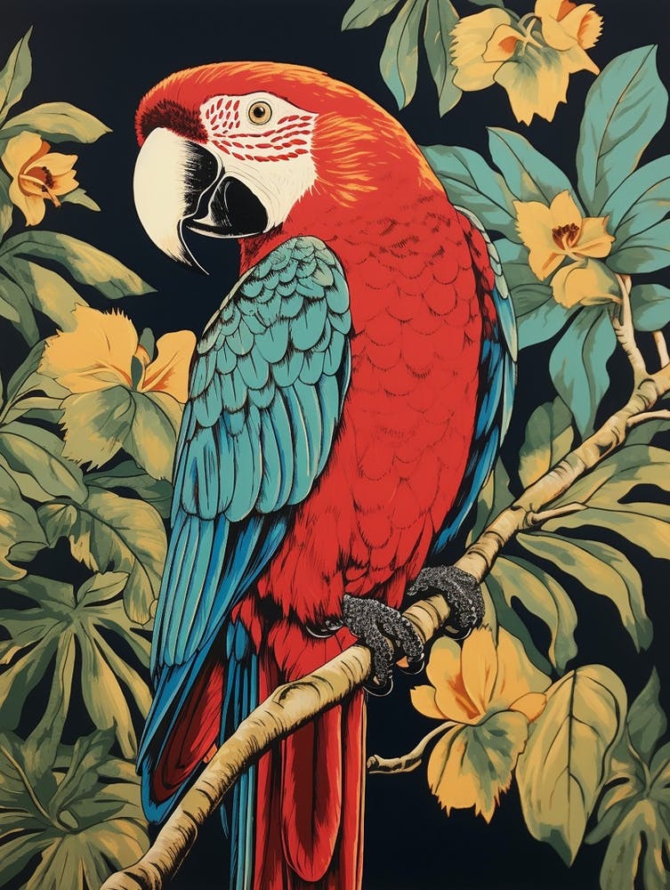 Vintage Bird Linocut Macaw 4
