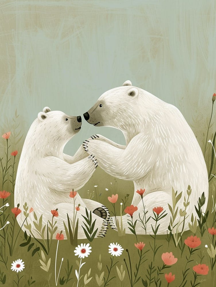 Polar Bear Two Bears Playing Together In A Meadow Storybook Illustration 3