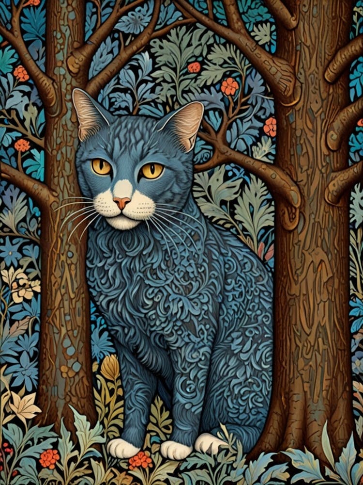 William Morris Blue Cat In The Forest 1