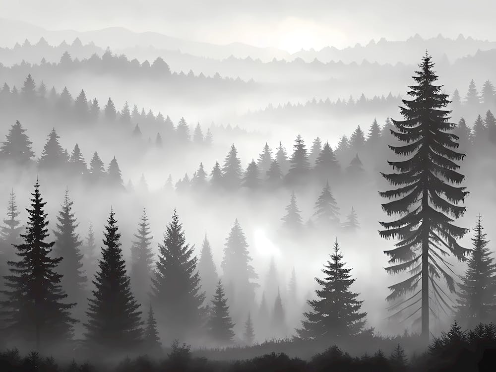 Retro Vintage Style A Foggy Pine Forest In Monochr