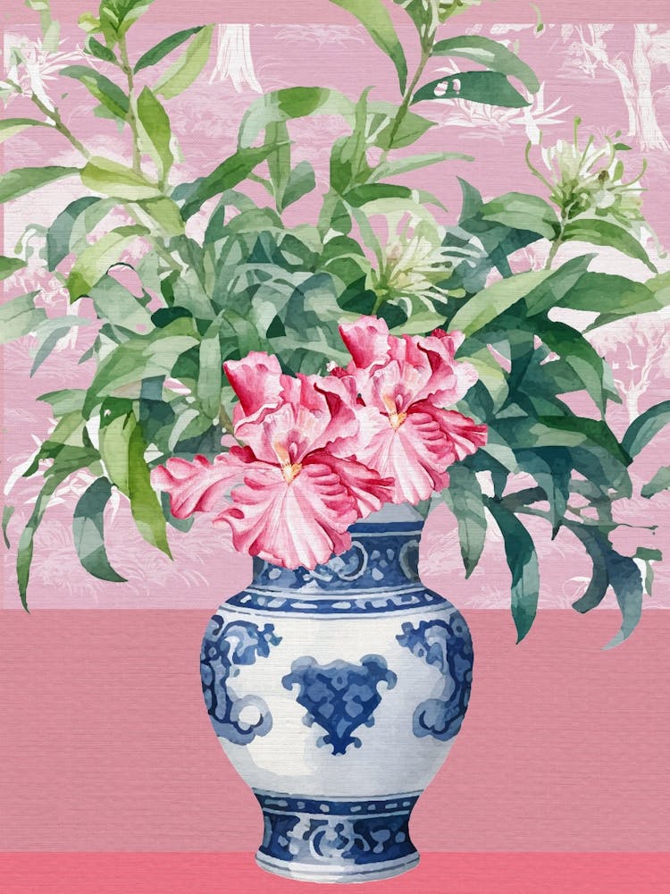 Pink Chinoiserie Flowers in Vase Maximalist Grandmillennial Artwork