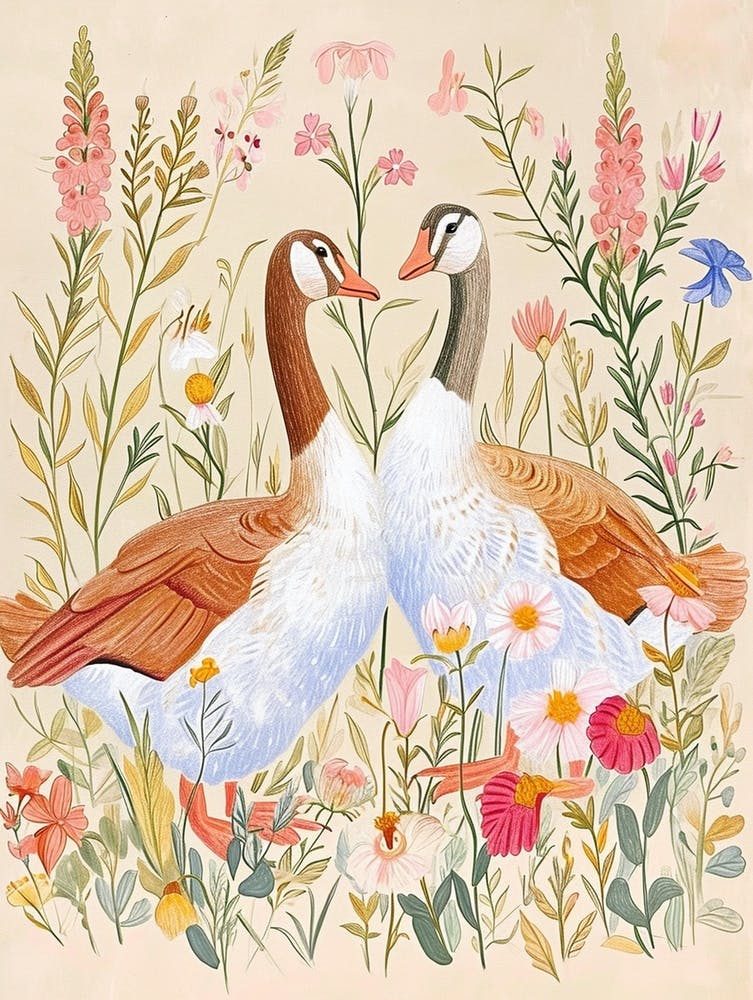 Folksy Floral Animal Drawing Goose 4