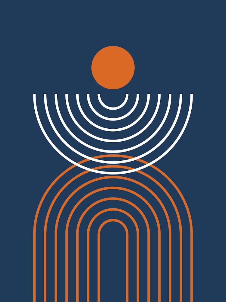 Midcentury Modern Rainbow Arch Sun Abstract A1 In Navy Blue And Burnt Orange 01