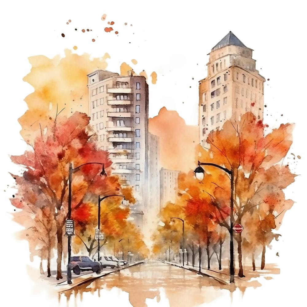 Watercolor Autumn Cityscape 2