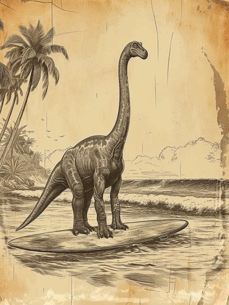 Vintage Brachiosaurus Dinosaurier auf einem Surfbrett 2