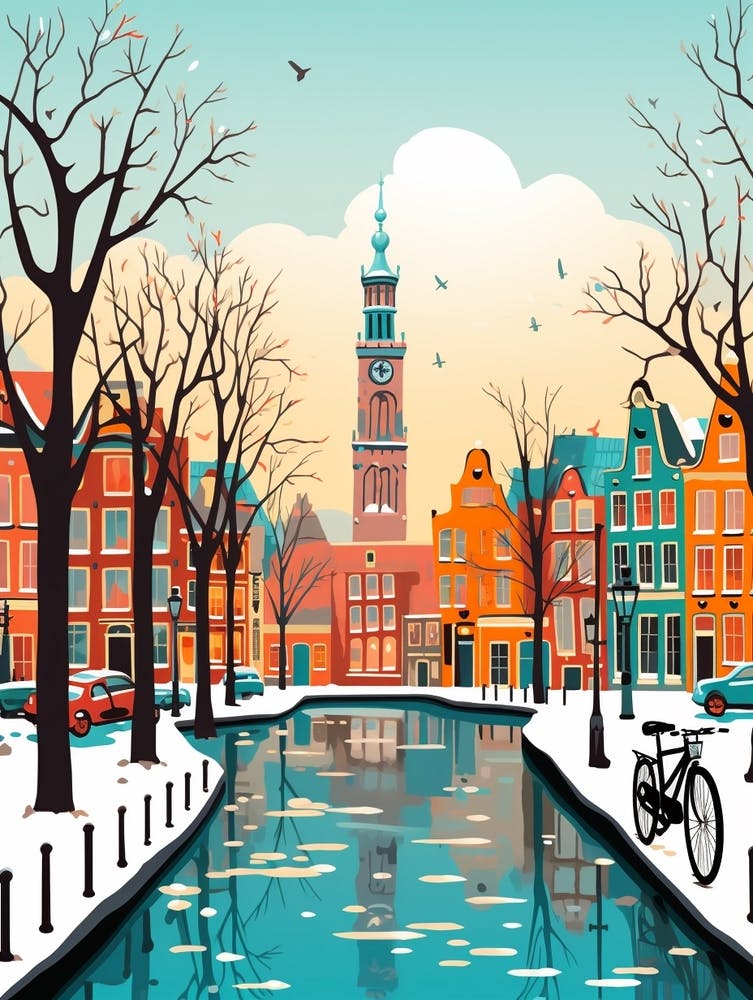 Vintage Winter Travel Illustration Amsterdam Netherlands 2