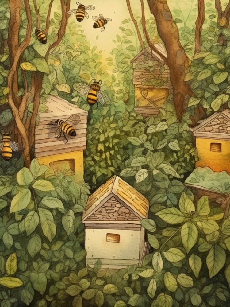 Beehives Bee Bee Beehive Watercolour Illustration 3