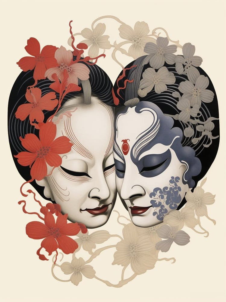 Noh Masks Japanese Style Illustration 6