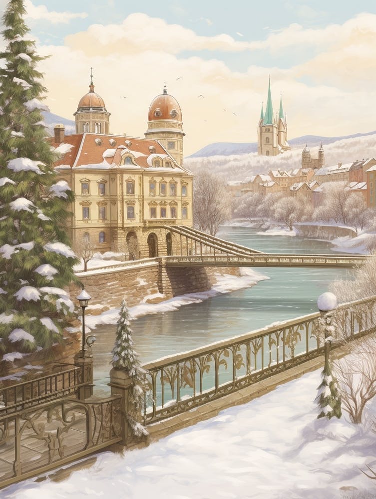 Vintage Winter Illustration Budapest Hungary 6