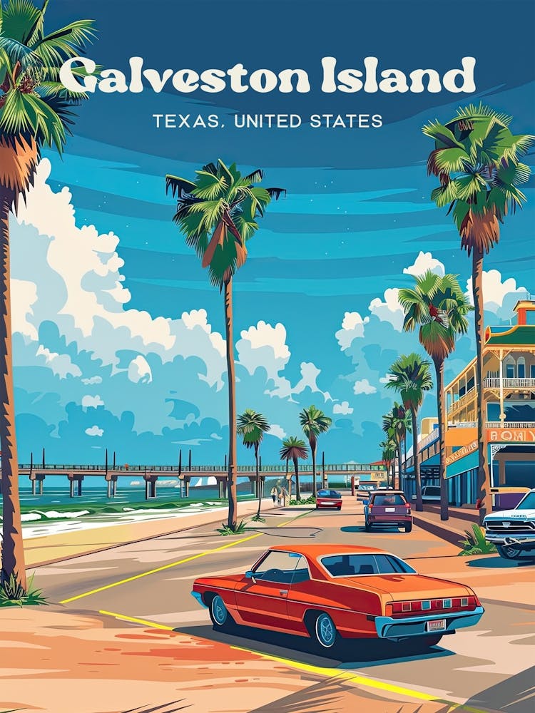 Galveston Island Texas Travel Illustration