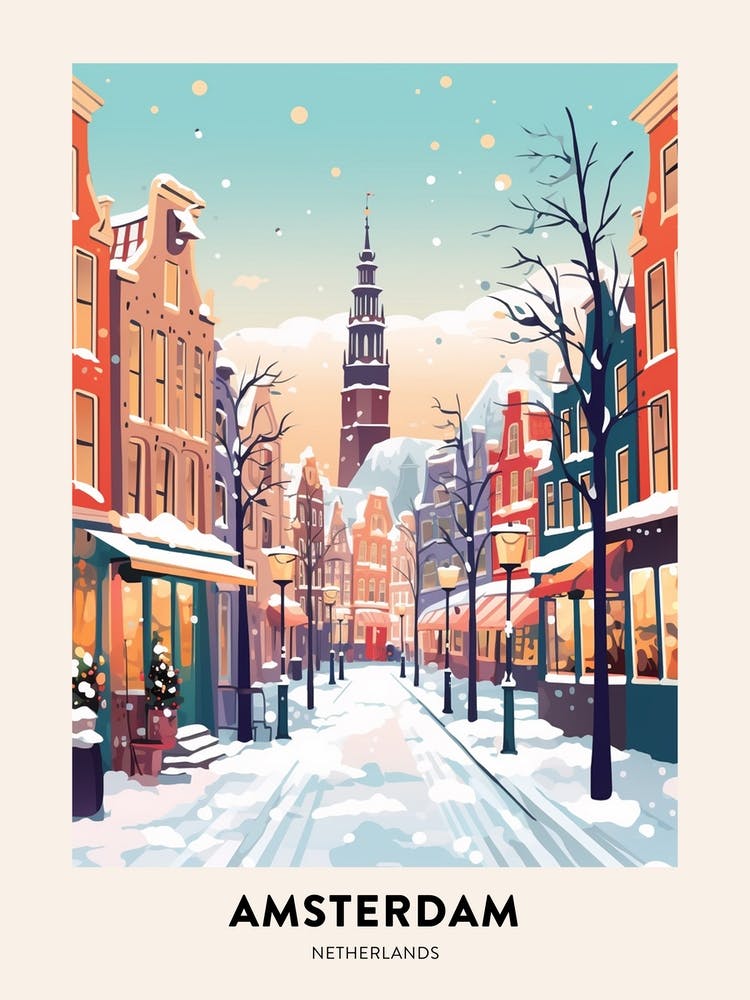 Vintage Winter Reiseplakat Amsterdam Niederlande 1