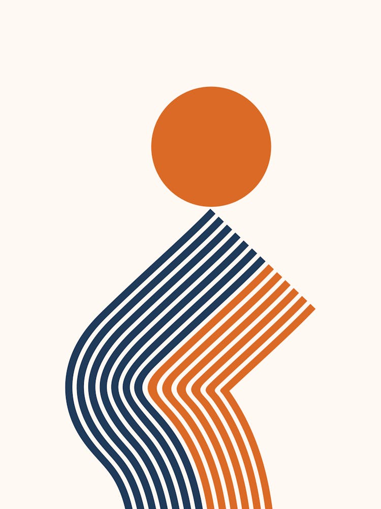 Geometric Lines Sun Rainbow Balance Playful Abstract in Navy Blue and Orange 1
