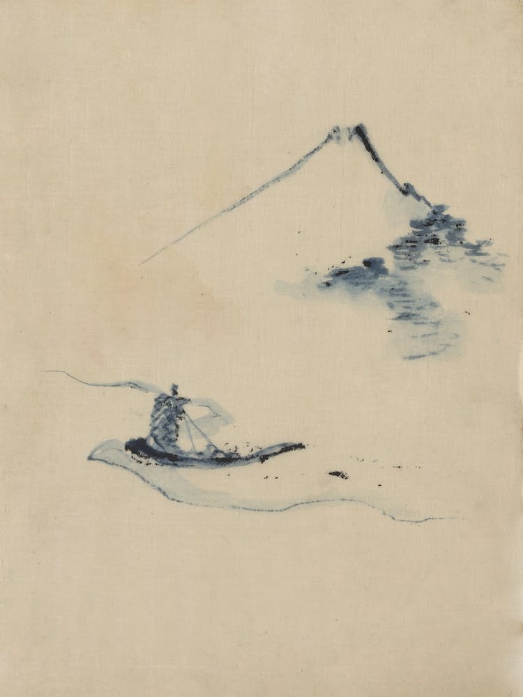A Person In A Small Boat On A River With Mount Fuji In The Background, Katsushika Hokusa