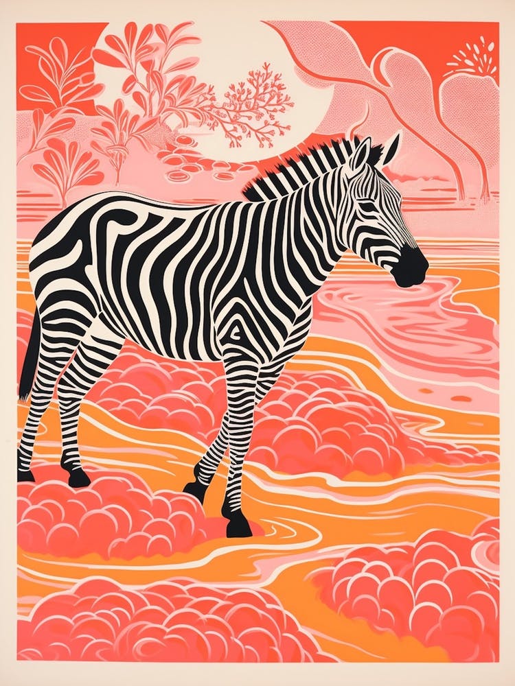 Zèbre Dans la Nature Inspiré de la Linogravure 1