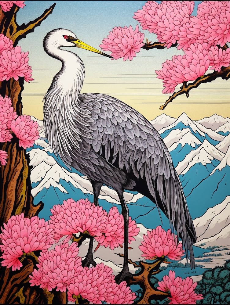 Pink Blossoms And Crane 1 Vintage Japanese Botanical