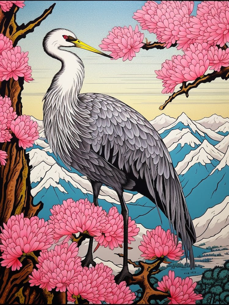 Pink Blossoms And Crane 1 Vintage Japanese Botanical