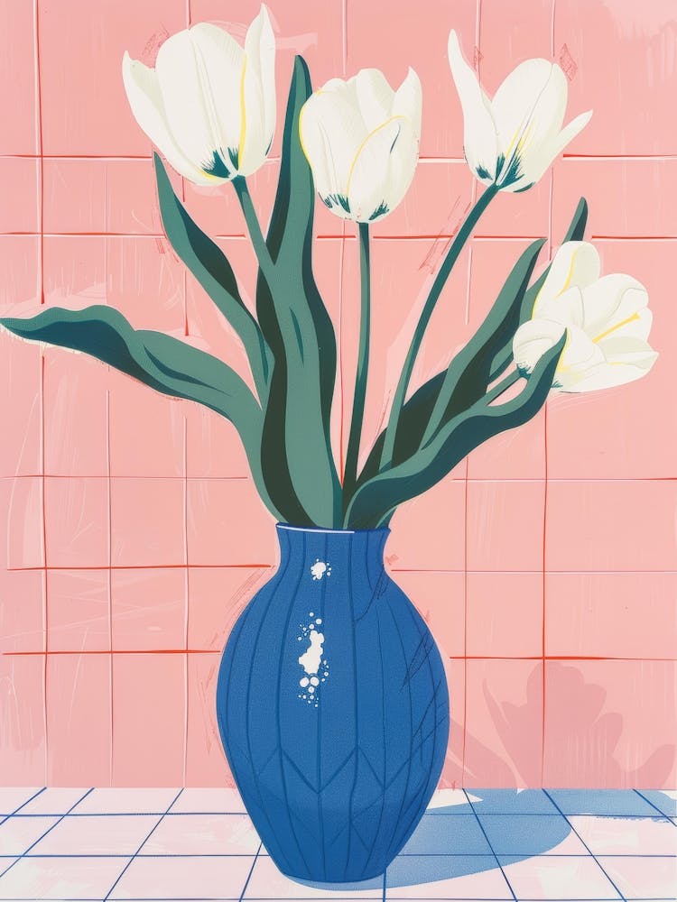 White Tulips In Blue Vase 1