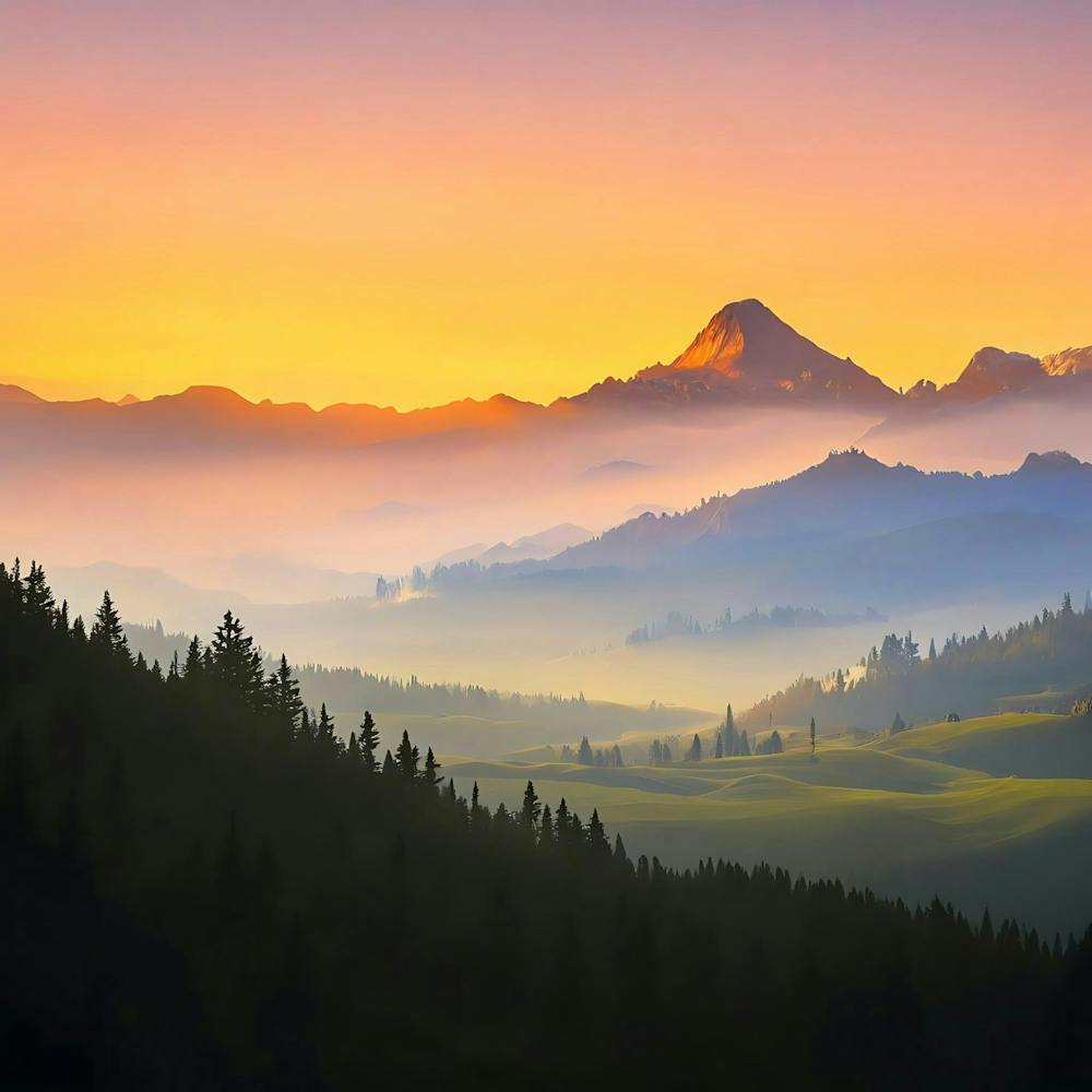 view of an abstract mountain range bathed in the soft, warm hues of a rising sun