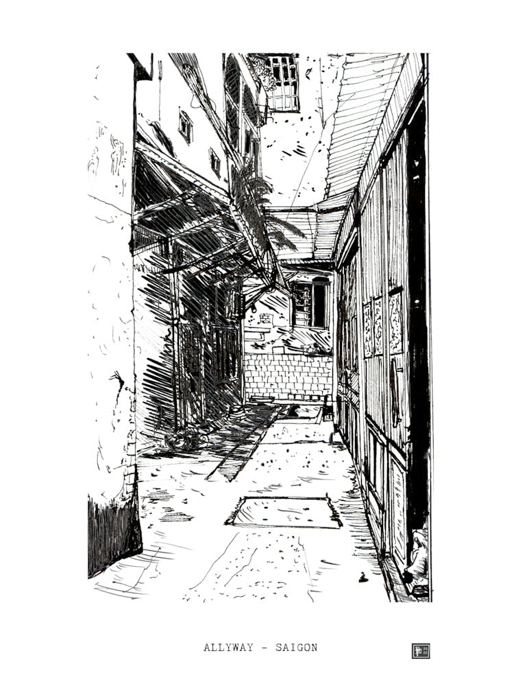 Alleyway Saigon Cityscape Vietnam Pen and Ink Illustration