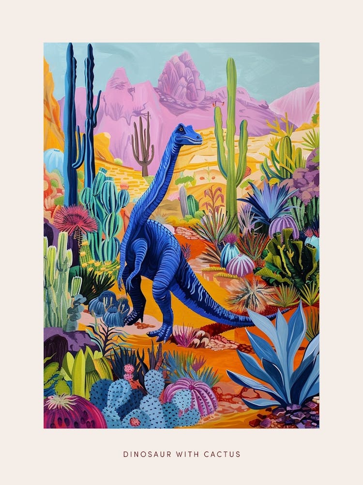 Colourful Dinosaur With Cactus & Succulent Painting 2 Poster