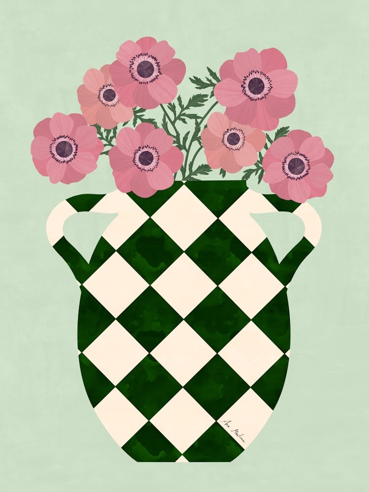 Peonies Pink And Green Checkered Vase
