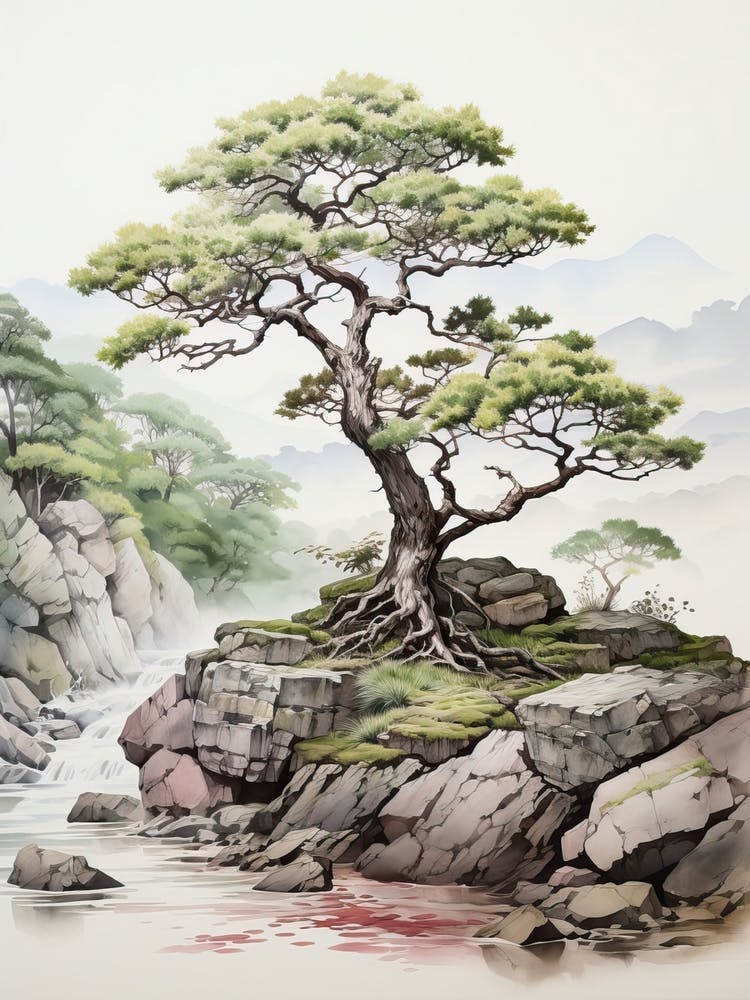 Koya San In Wakayama, Japanese Brush Painting, Ukiyo E, Minimal 4