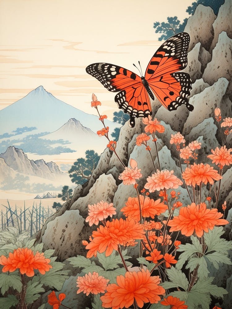 Papillon Tons Rouges Peinture Style Japonais 3