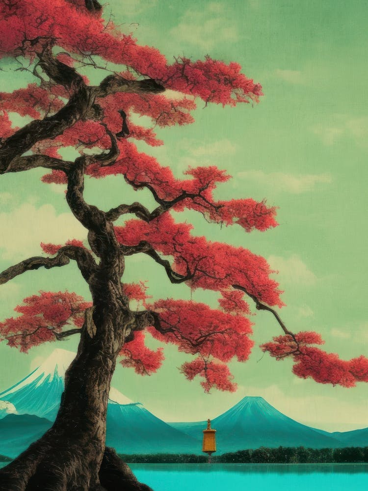 Red Leaves Autumnal Japanese Tree Mount Fuji Zen