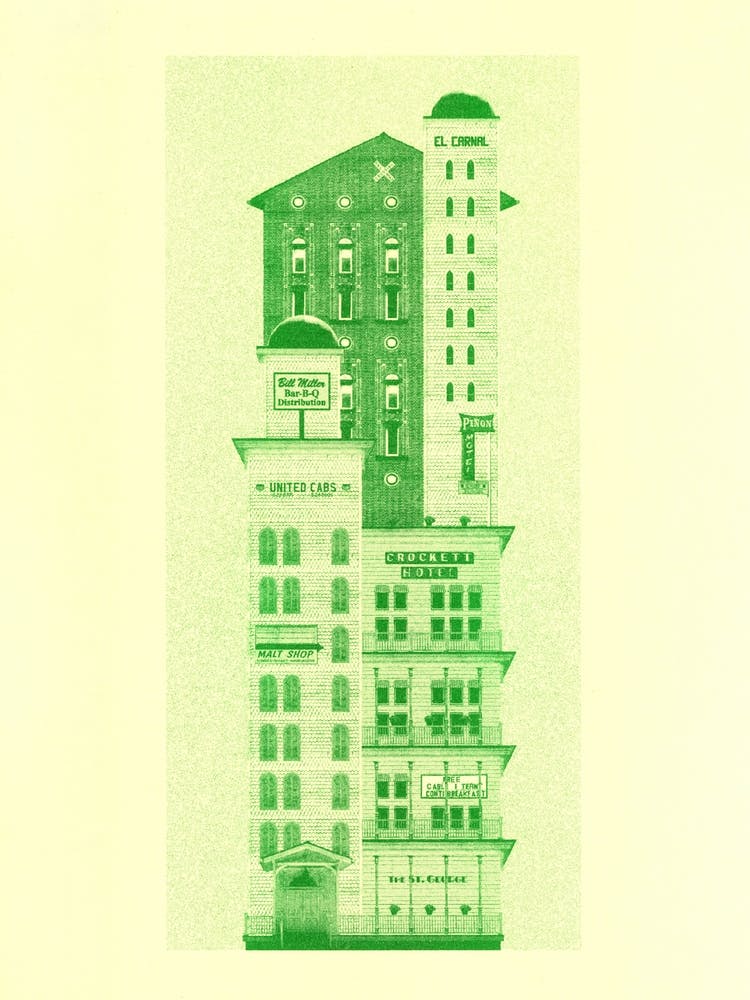 Crockett Hotel Green On Yellow Risograph