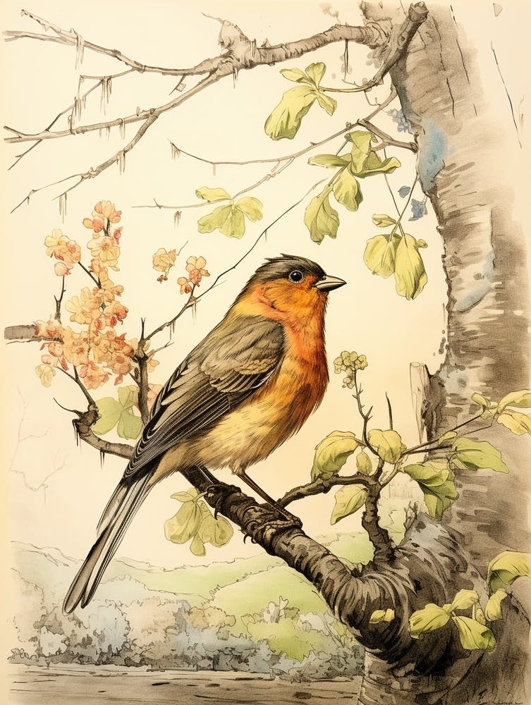 Märchenhaftes Tiermotiv Aquarell Rotkehlchen 1