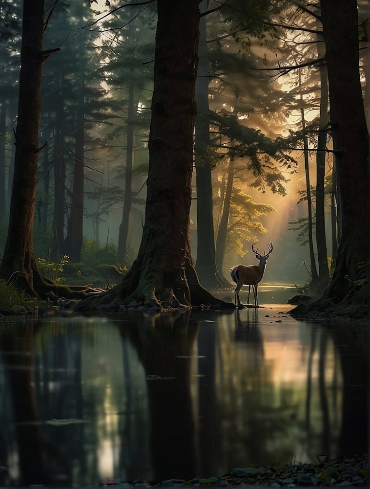 Cerf spirituel se tenant dans la forêt divine