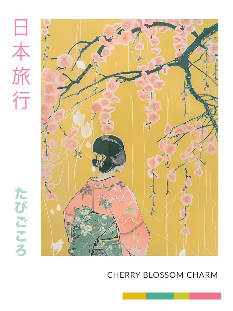 Japanese Cherry Blossom Sakura Scene Silk Screen Inspired Poster