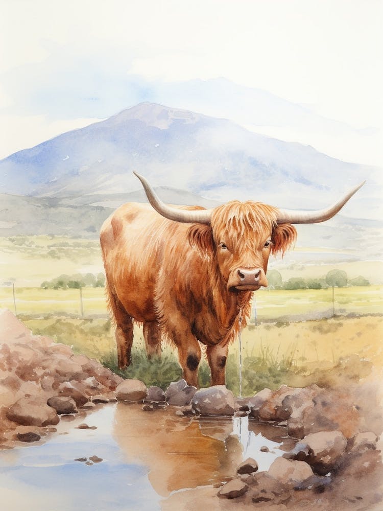 Highland Cow Drinking From Stream