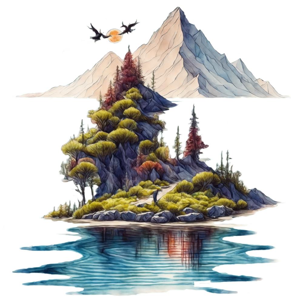 Beautiful Island Landscape With Trees And Mountains