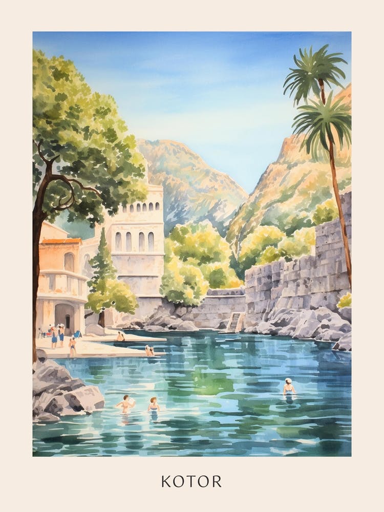 Swimming In Kotor Montenegro 2 Watercolour Poster