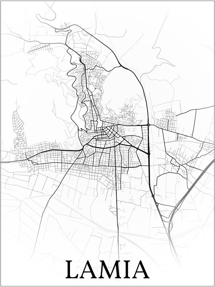 Lamia, Central Greece, Greece, City Map, Black And White Fade Design