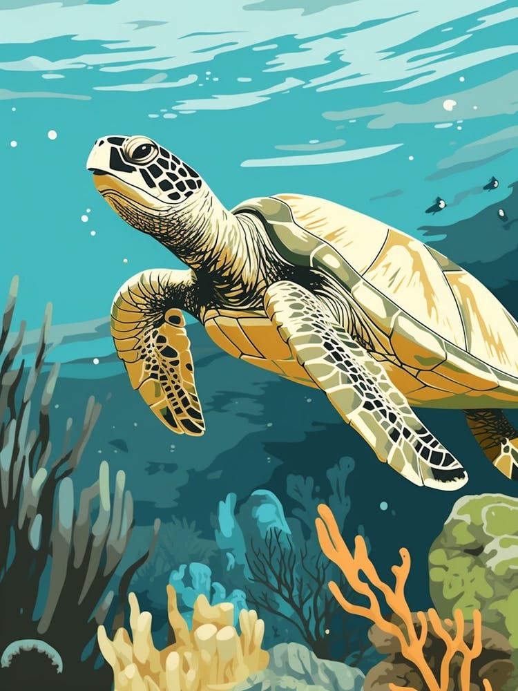 Modern Illustration Of Sea Turtle In Ocean Swimming 2