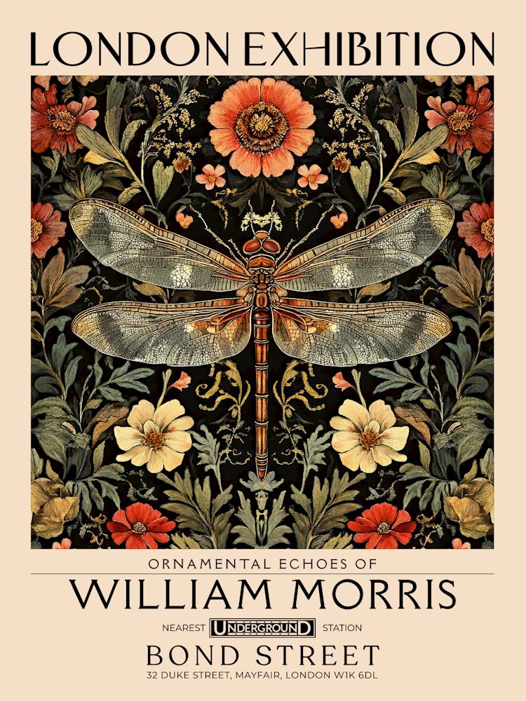 William Morris Dragonfly and floral artwork, insect and flower pattern vintage Botanical print for cottagecore, maximalist decor,floral tapestry Victorian nature illustration bedroom vintage decor 19