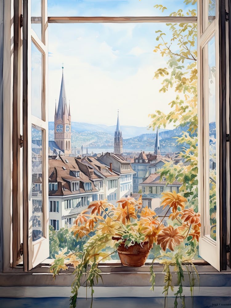 Window View Of Zurich Switzerland In Autumn Fall, Watercolour 1