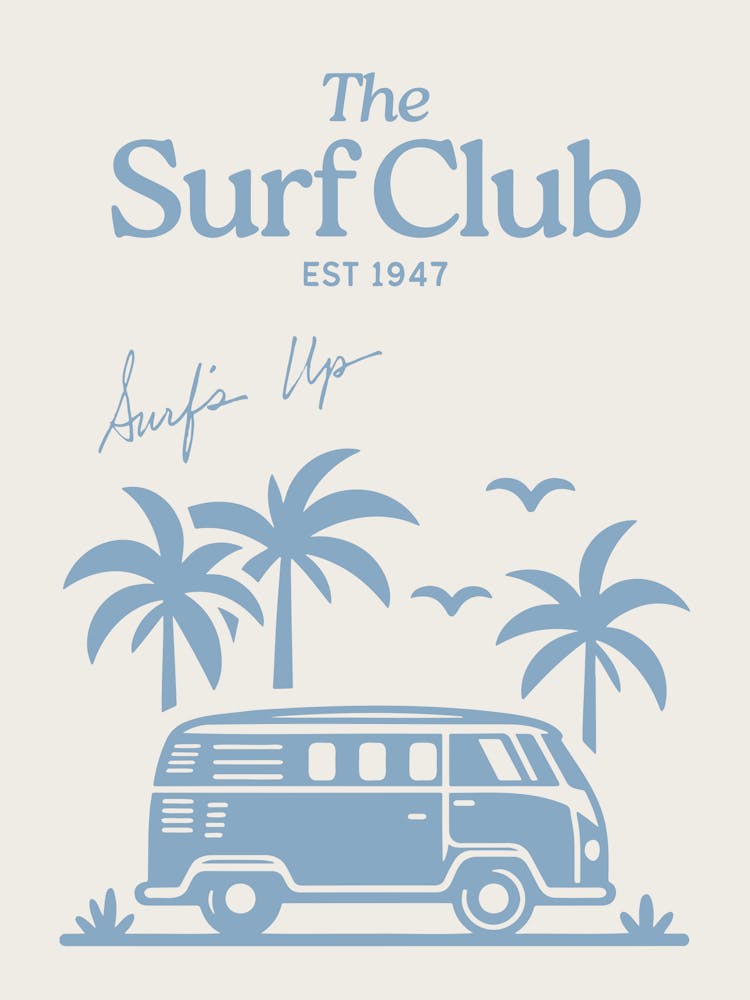 The Surf Club Print | Surf’s Up Wall Art | Beachy Coastal Tropical Wall Art | Beige + Blue Decor | Beach House Print | Summer Wall Art |