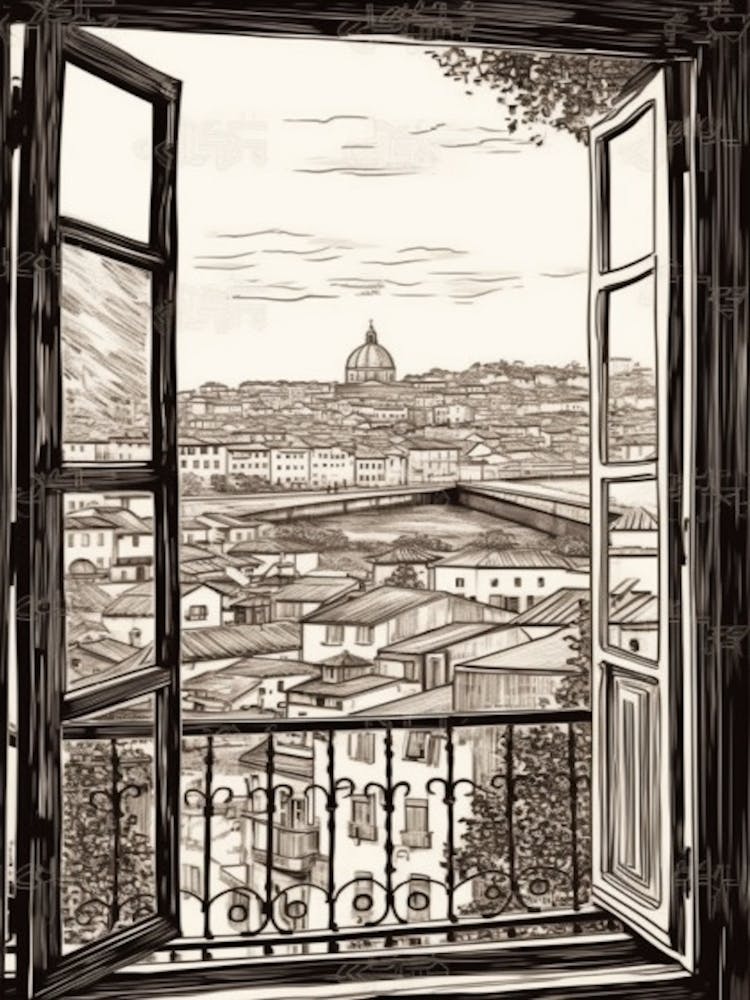 A Window View Of Florence In The Style Of Black And White  Line Art 2